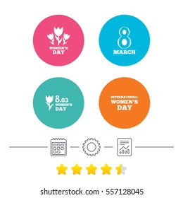 8 March Women's Day icons. Tulips or rose flowers bouquet sign symbols. Calendar, cogwheel and report linear icons. Star vote ranking. Vector