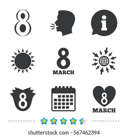 8 March Women's Day icons. Tulip or rose flower and heart sign symbols. Information, go to web and calendar icons. Sun and loud speak symbol. Vector