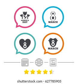 8 March Women's Day icons. Tulips or rose flowers bouquet and heart sign symbols. Calendar, internet globe and report linear icons. Star vote ranking. Vector