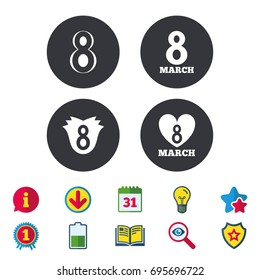 8 March Women's Day icons. Tulip or rose flower and heart sign symbols. Calendar, Information and Download signs. Stars, Award and Book icons. Light bulb, Shield and Search. Vector
