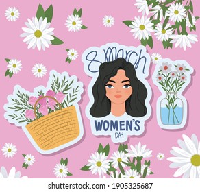 8 march womens day lettering, cute woman with black hair and basket full with roses vector illustration design