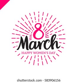 8 march Women's Day lettering with sun line in circle. Template greeting vintage card or poster.