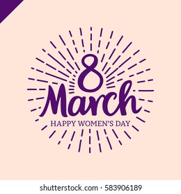 8 march Women's Day lettering with sun line in circle. Template greeting vintage card or poster.