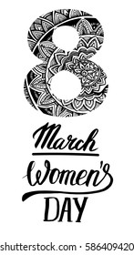 8 March Women's Day lettering  greeting card template. Background template for International Women  Day with Mandala ornament. Vector illustration.  African, indian, arabic motif