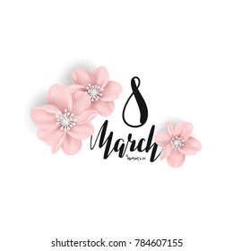 8 March. Women's Day. Lettering and plum blossoms. Object isolated on white background. 