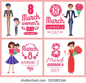 8 March womens day, love spring, set of posters with men and presents, diamond and flowers, ladies with smile on faces isolated on vector illustration