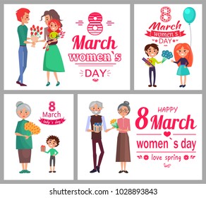 8 March womens day love spring posters set, husband giving gift to wife, grandmother and grandfather, kids and flowers isolated on vector illustration