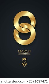 8 march women's day, luxury postcard. Shiny 3D golden Eight lettering. Digit eight made of gold foil on black background. Glowing International womens day banner or poster or card