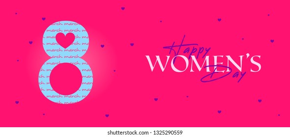 8 march, women's day. Number eight with a heart and text in a pink background. Happy Women's Day lettering.  