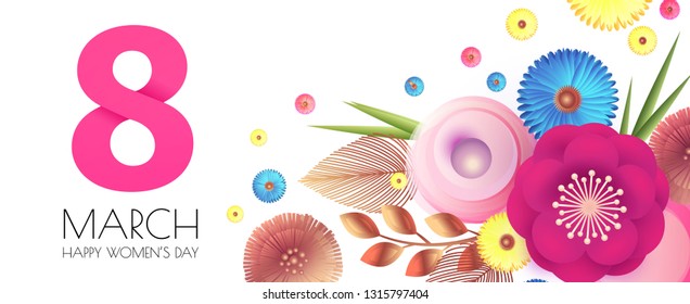 8 March. Women's Day. Paper Cut Flower Background. Spring is Here. Vector illustration