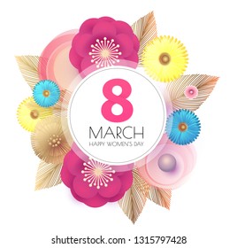 8 March. Women's Day. Paper Cut Flower Background. Spring is Here. Vector illustration