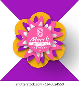 8 March womens day paper cut flower greeting card with Japanese origami. Vector blossom folder in decorative shapes and figures, buds and leaves