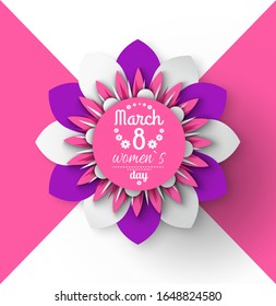 8 March womens day paper cut flower greeting card with Japanese origami. Vector blossom folder in decorative shapes and figures, buds and leaves