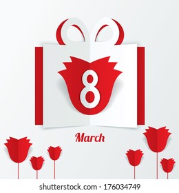 8 March Women's Day paper gift box with red roses on white background. Cut from paper. Vector illustration