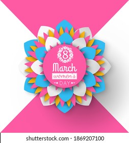 8 March womens day paper cut flower greeting card with Japanese origami. Vector blossom folder in decorative shapes and figures, buds and leaves
