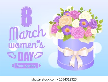 8 March womens day poster with bouquet of rose and daisy flowers in decorative wrapping box paper package vector illustration blooming flower present