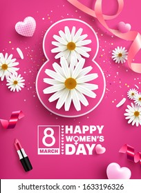 8 march women's day Poster or banner with flower and sweet hearts on pink background.Promotion and shopping template or background for Love and women's day concept