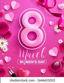 8 march women's day Poster or banner with flower and sweet hearts on pink background. Promotion and shopping template or background for Love and women's day concept