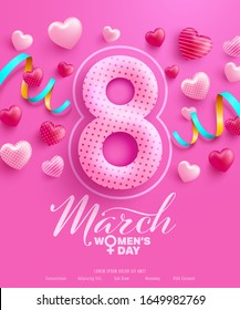 8 march women's day Poster or banner with sweet hearts on pink background.Promotion and shopping template or background for Love and women's day concept