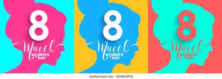 8 march women's day Poster or greeting card with Woman face in Minimalist style design for march 8 international women's event.Promotion and banner template for women's day concept