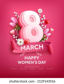 8 de marzo Día de la mujer Afiche o pancarta con flores y corazones dulces sobre fondo rosado.Plantilla de promoción y compras para el concepto del amor y el día de la mujer