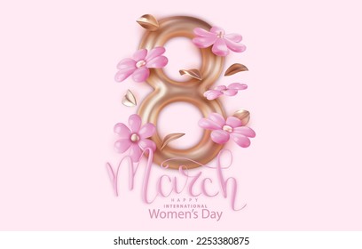 8 March Women's day Poster or banner with flower on pink background. Poster, flyer, greeting card, header for website Vector Illustration.