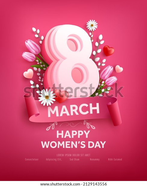 8 march women\'s day Poster or banner\
with flower and sweet hearts on pink background.Promotion and\
shopping template for Love and women\'s day\
concept
