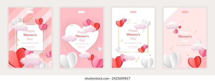 8 March women's day posters set. Paper cure red and pink hearts and realistic cli. Cute love sale banners or greeting cards. Vector illustration