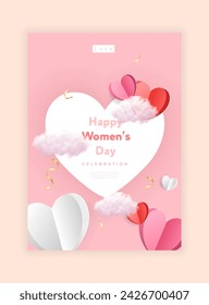 8 March women's day posters set. Paper cure red and pink hearts and realistic ribbons. Cute love sale banners or greeting cards. Vector illustration