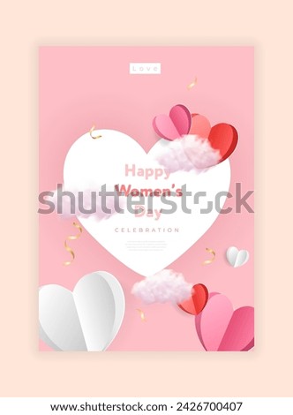 8 March women's day posters set. Paper cure red and pink hearts and realistic ribbons. Cute love sale banners or greeting cards. Vector illustration