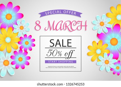 8 march (Women's Day) sale banner with flowers. Template for voucher, brochure or site