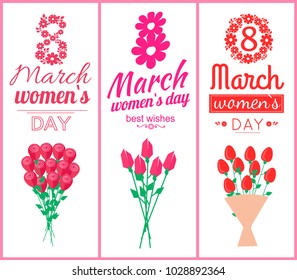 8 March womens day, set of poster with greetings, headlines decorated with flowers, bouquets of tulips and roses, isolated on vector illustration