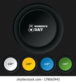 8 March Women's Day sign icon. Holiday symbol. Round colourful buttons on black texture. Vector