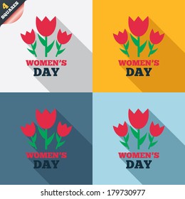 8 March Women's Day sign icon. Flowers symbol. Four squares. Colored Flat design buttons. Vector
