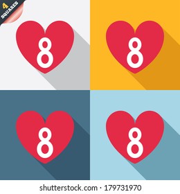 8 March Women's Day sign icon. Heart symbol. Four squares. Colored Flat design buttons. Vector