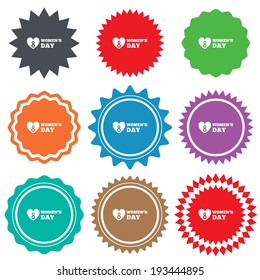 8 March Women's Day sign icon. Heart symbol. Stars stickers. Certificate emblem labels. Vector