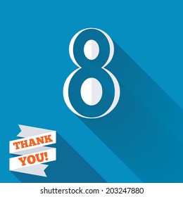 8 March Women's Day sign icon. Eight symbol. White flat icon with long shadow. Paper ribbon label with Thank you text. Vector