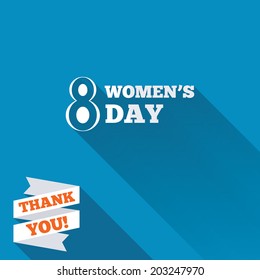 8 March Women's Day sign icon. Holiday symbol. White flat icon with long shadow. Paper ribbon label with Thank you text. Vector
