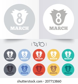 8 March Women's Day sign icon. Flower symbol. Round 12 circle buttons. Shadow. Hand cursor pointer. Vector