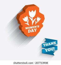 8 March Women's Day sign icon. Flowers symbol. White icon on orange 3D piece of wall. Carved in stone with long flat shadow. Vector