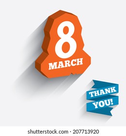 8 March Women's Day sign icon. Holiday symbol. White icon on orange 3D piece of wall. Carved in stone with long flat shadow. Vector