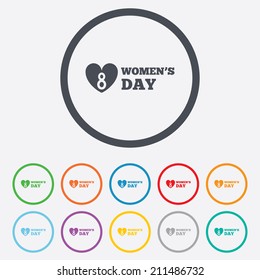 8 March Women's Day sign icon. Heart symbol. Round circle buttons with frame. Vector