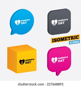 8 March Women's Day sign icon. Heart symbol. Isometric speech bubbles and cube. Rotated icons with edges. Vector
