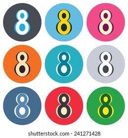 8 March Women's Day sign icon. Eight symbol. Colored round buttons. Flat design circle icons set. Vector