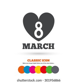 8 March Women's Day sign icon. Heart symbol. Classic flat icon. Colored circles. Vector
