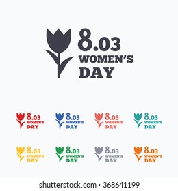 8 March Women's Day sign icon. Flower symbol. Colored flat icons on white background.