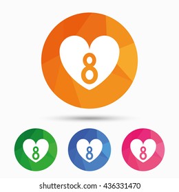 8 March Women's Day sign icon. Heart symbol. Triangular low poly button with flat icon. Vector