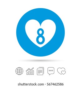8 March Women's Day sign icon. Heart symbol. Copy files, chat speech bubble and chart web icons. Vector