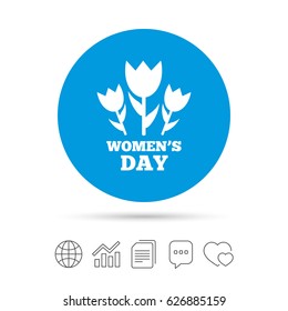 8 March Women's Day sign icon. Flowers symbol. Copy files, chat speech bubble and chart web icons. Vector