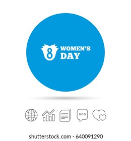 8 March Women's Day sign icon. Flower symbol. Copy files, chat speech bubble and chart web icons. Vector